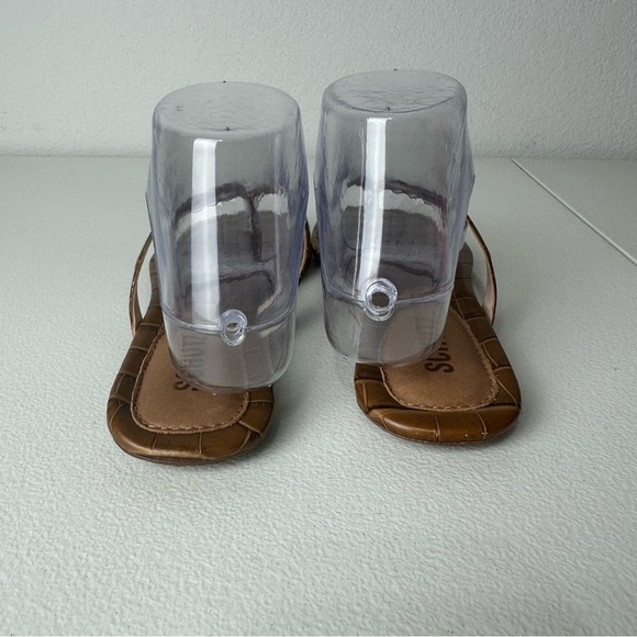 Schutz Brown Tesla Crocodile Embossed Leather Thing Sandals Size 7.5 - Picture 3 of 6